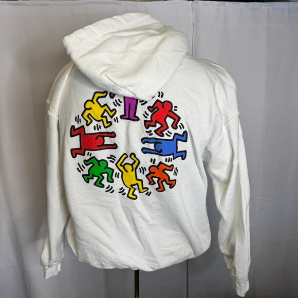 Keith Haring White Hoodie Dancing Figures Graphic Pullover Art Sweatshirt Large - Picture 2 of 10
